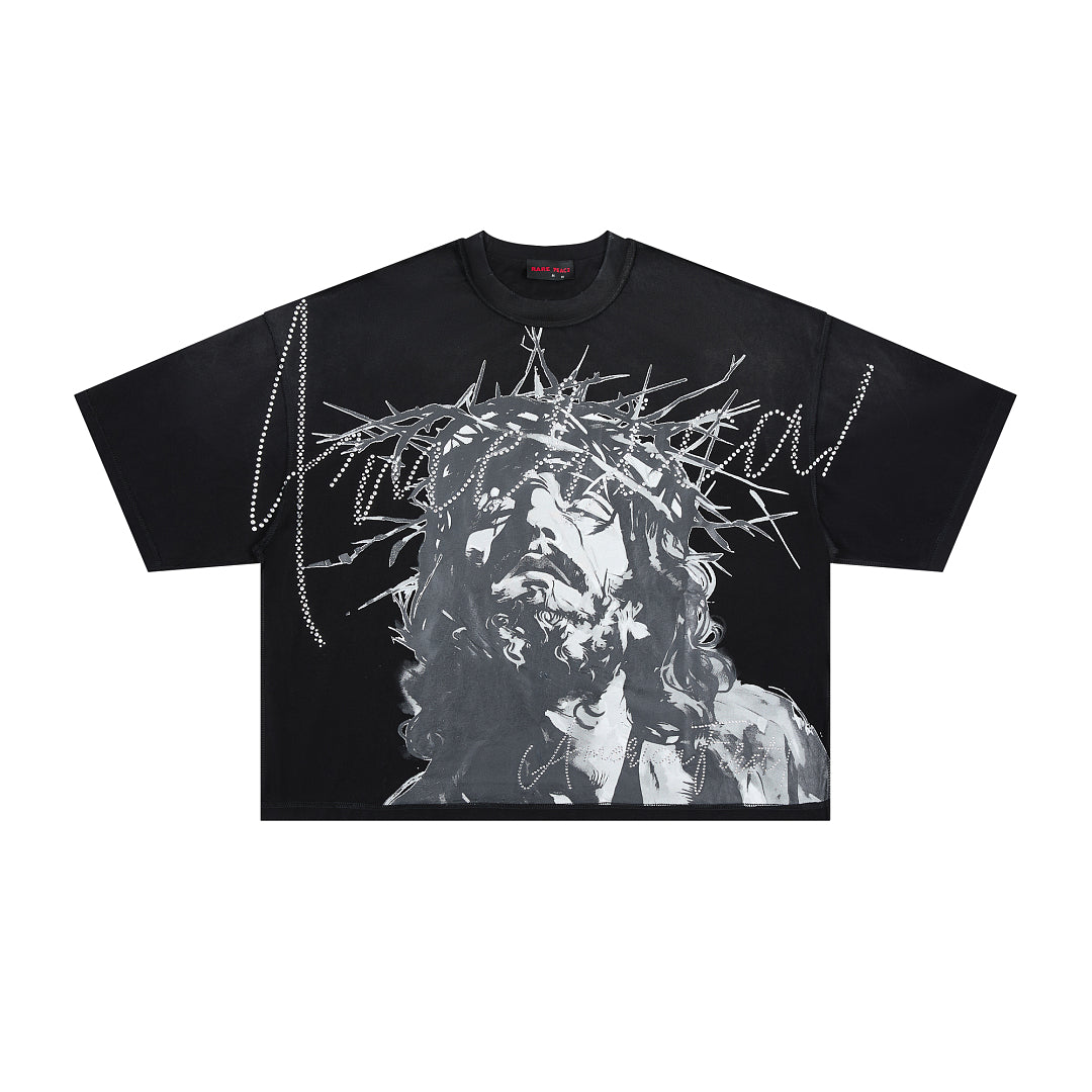 RARE PEACE Crown‑of‑Thorns Jesus Rhinestone Cropped Oversized T‑Shirt