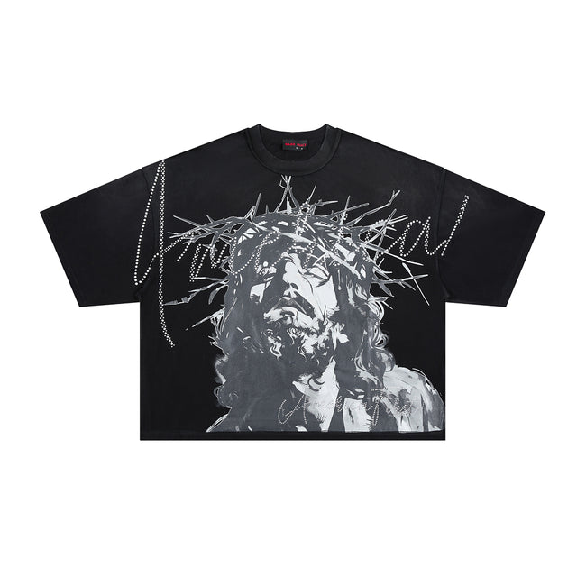 RARE PEACE Crown‑of‑Thorns Jesus Rhinestone Cropped Oversized T‑Shirt Main Image
