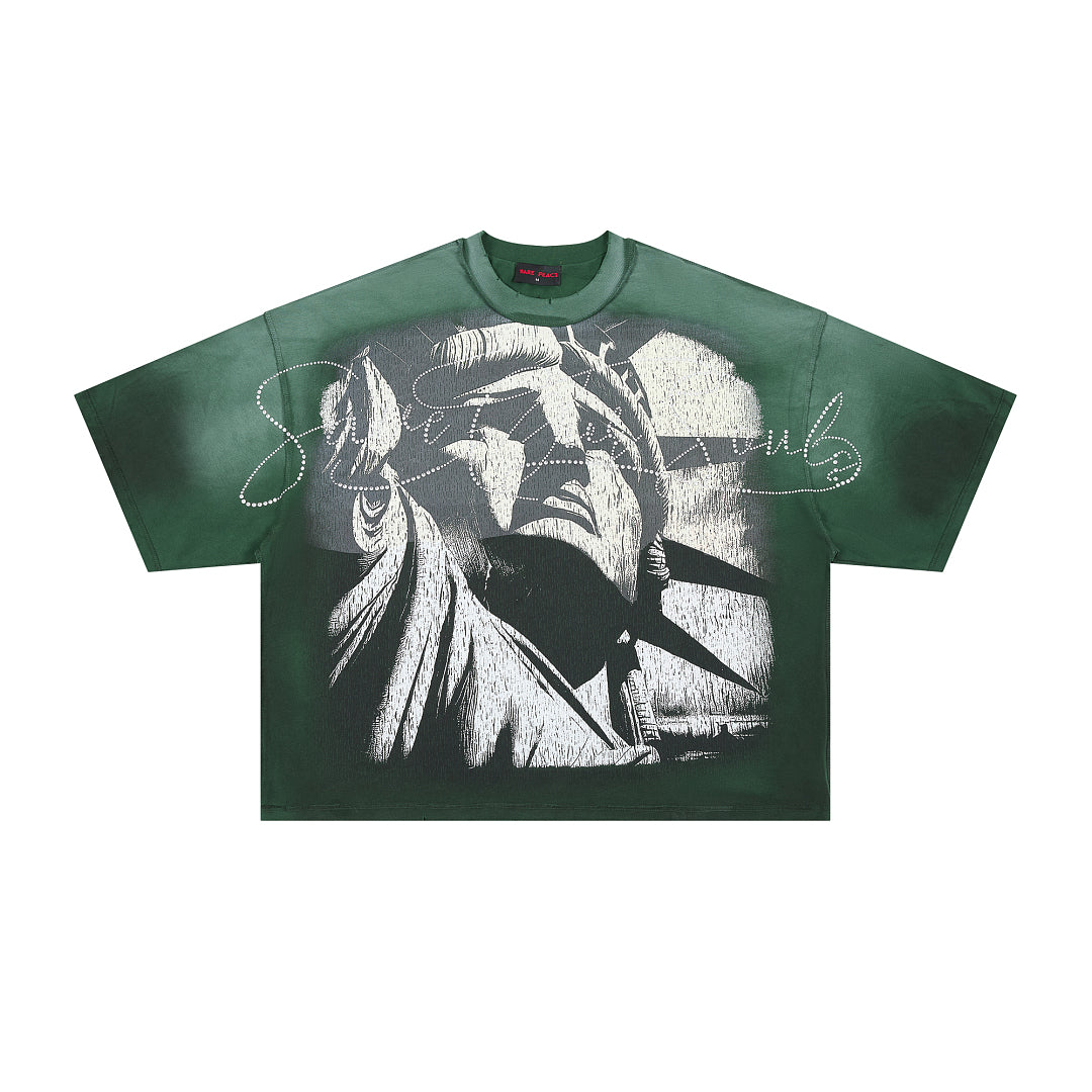 RARE PEACE Blind‑Folded Statue of Liberty Rhinestone Cropped Oversized T‑Shirt