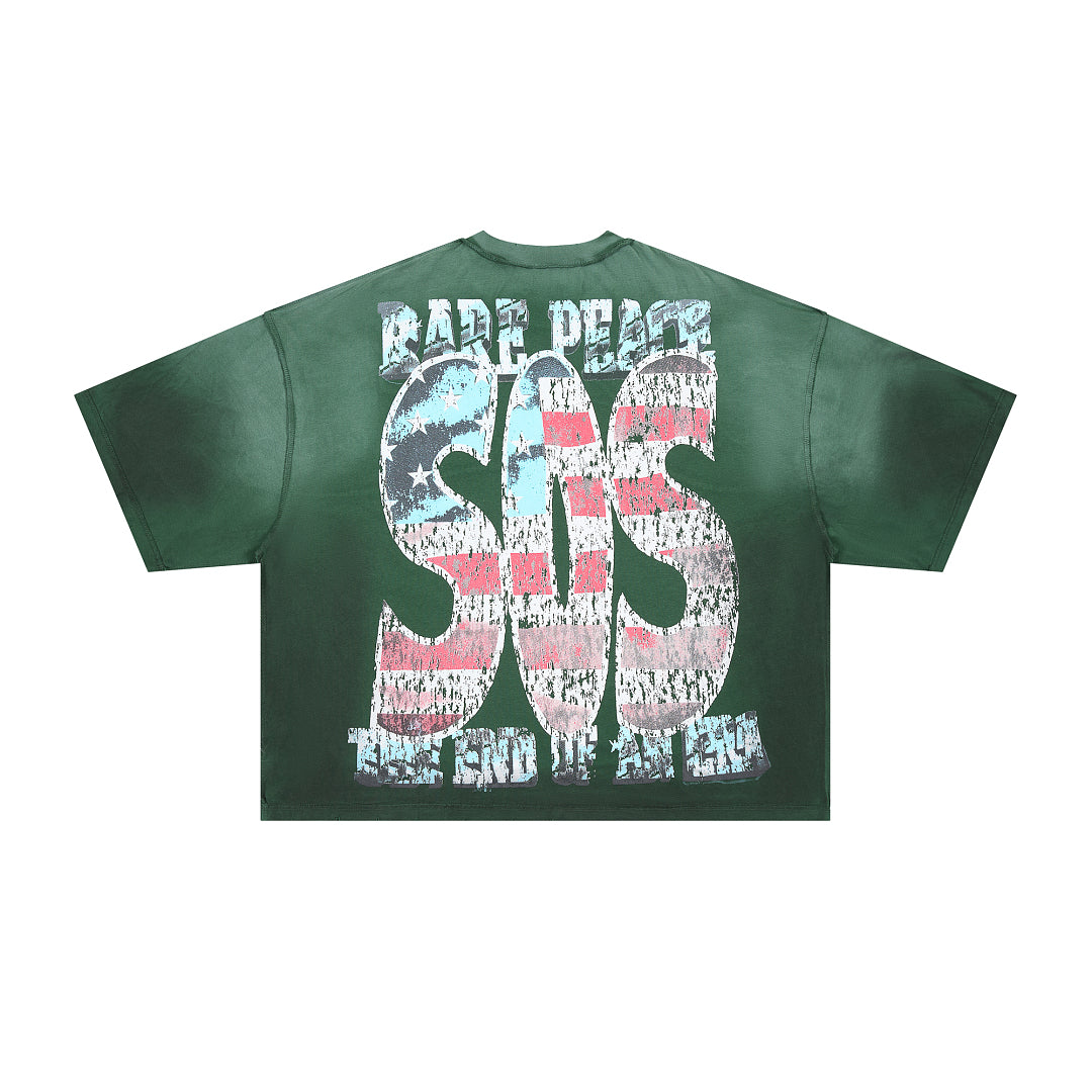 RARE PEACE Blind‑Folded Statue of Liberty Rhinestone Cropped Oversized T‑Shirt
