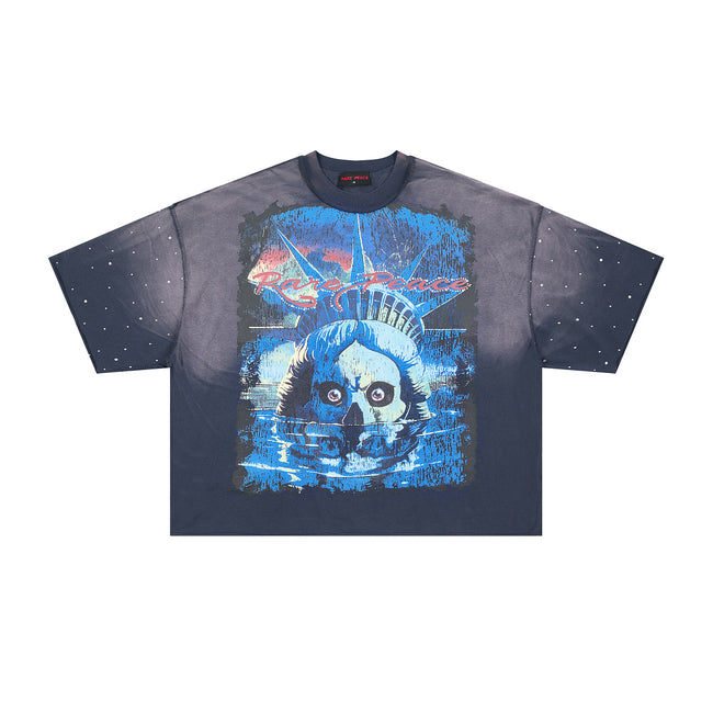 RARE PEACE Sunken Skull Statue‑of‑Liberty Cropped Oversized T‑Shirt Main Image