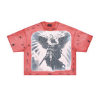 RARE PEACE Warrior‑Angel Rhinestone Print Cropped Oversized T‑Shirt