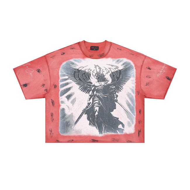 RARE PEACE Warrior‑Angel Rhinestone Print Cropped Oversized T‑Shirt Main Image