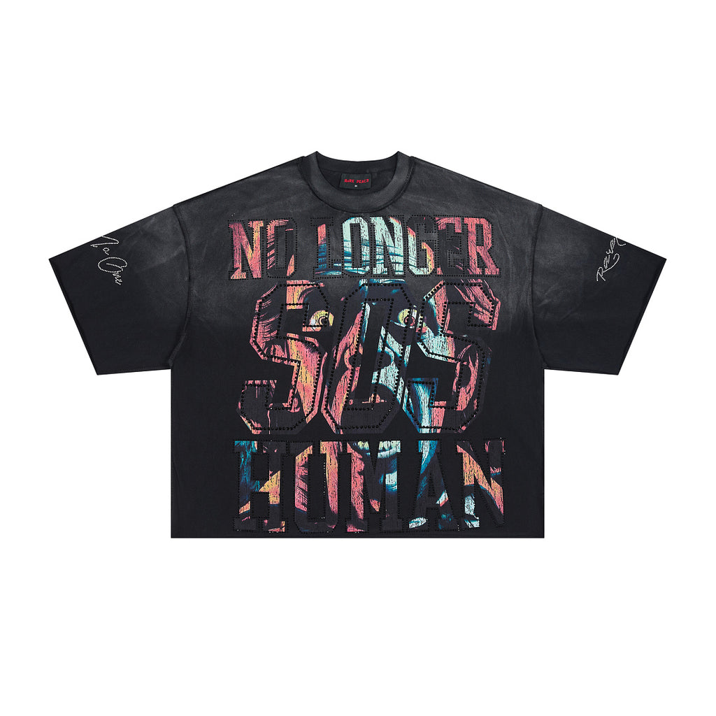 RARE PEACE No Longer Human Rhinestone Graphic Cropped Oversized T‑Shirt