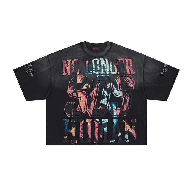 RARE PEACE No Longer Human Rhinestone Graphic Cropped Oversized T‑Shirt Main Image