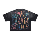 RARE PEACE No Longer Human Rhinestone Graphic Cropped Oversized T‑Shirt