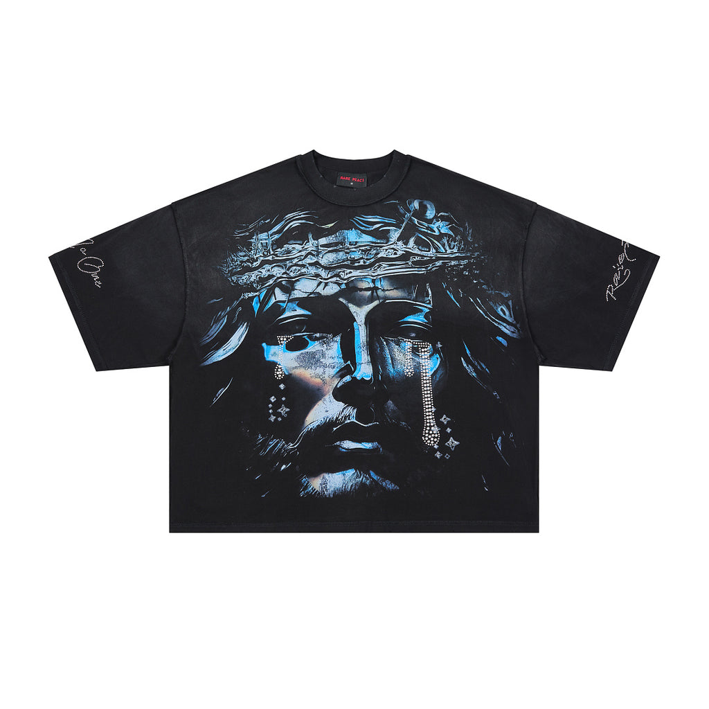 RARE PEACE Rhinestone‑Tear Jesus Portrait Cropped Oversized T‑Shirt
