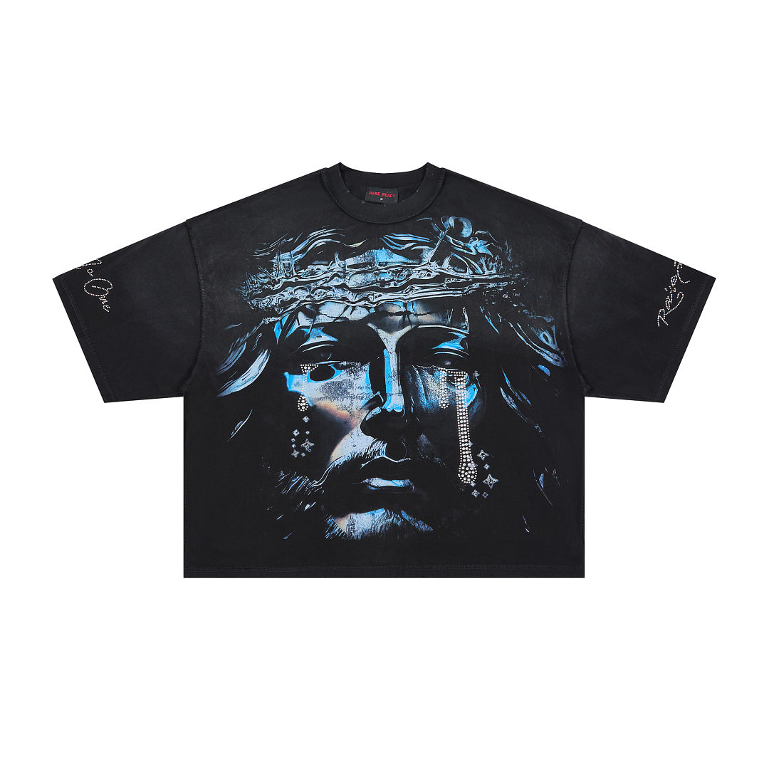 RARE PEACE Rhinestone‑Tear Jesus Portrait Cropped Oversized T‑Shirt