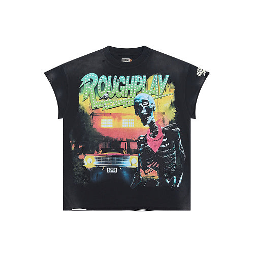 ROUGHPLAY Heavyweight Distressed Graphic Tee - Skeleton & Classic Car Vintage Washed T-Shirt