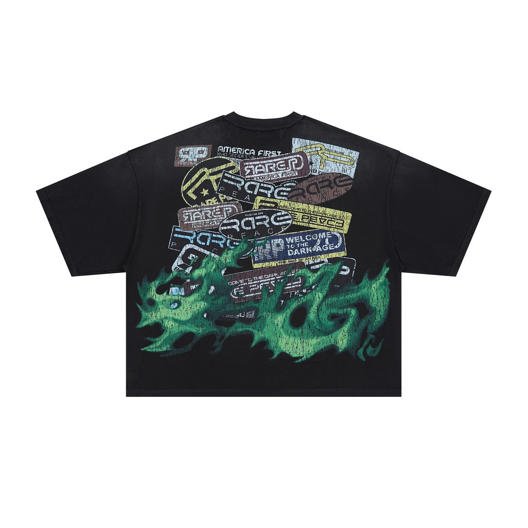 RARE PEACE Distorted Statue‑of‑Liberty Patch Graphic Cropped Oversized T‑Shirt