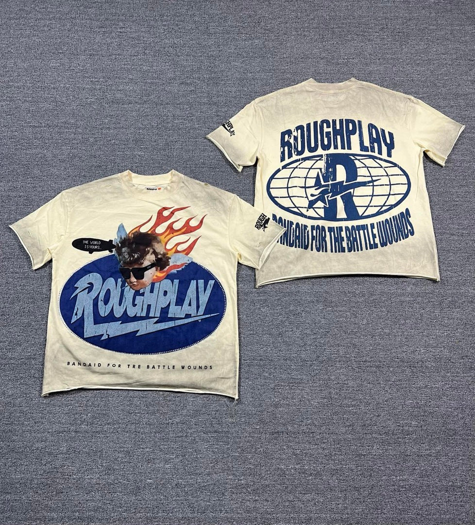 ROUGHPLAY Heavyweight Distressed Graphic Tee - Flame Oval Emblem