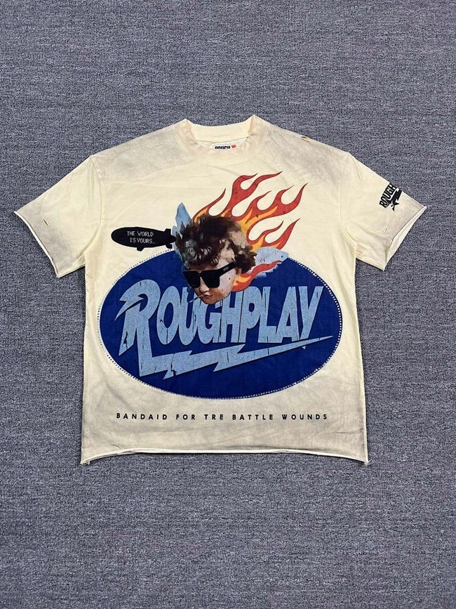 ROUGHPLAY Heavyweight Distressed Graphic Tee - Flame Oval Emblem Main Image