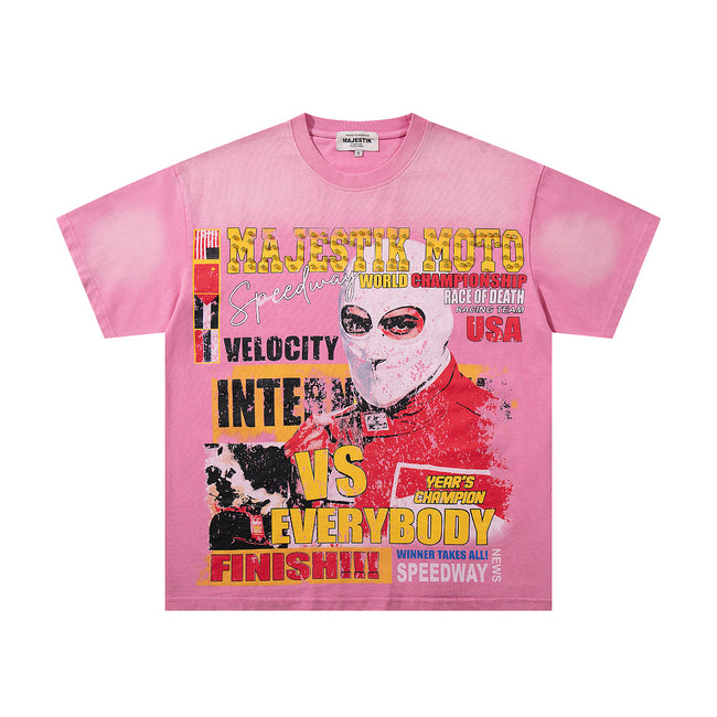 MAJESTIK Distressed Pink Graphic T-Shirt Unisex Sun-Faded Y2K Racing Pop-Art Oversized Streetwear Short Sleeve Top Main Image