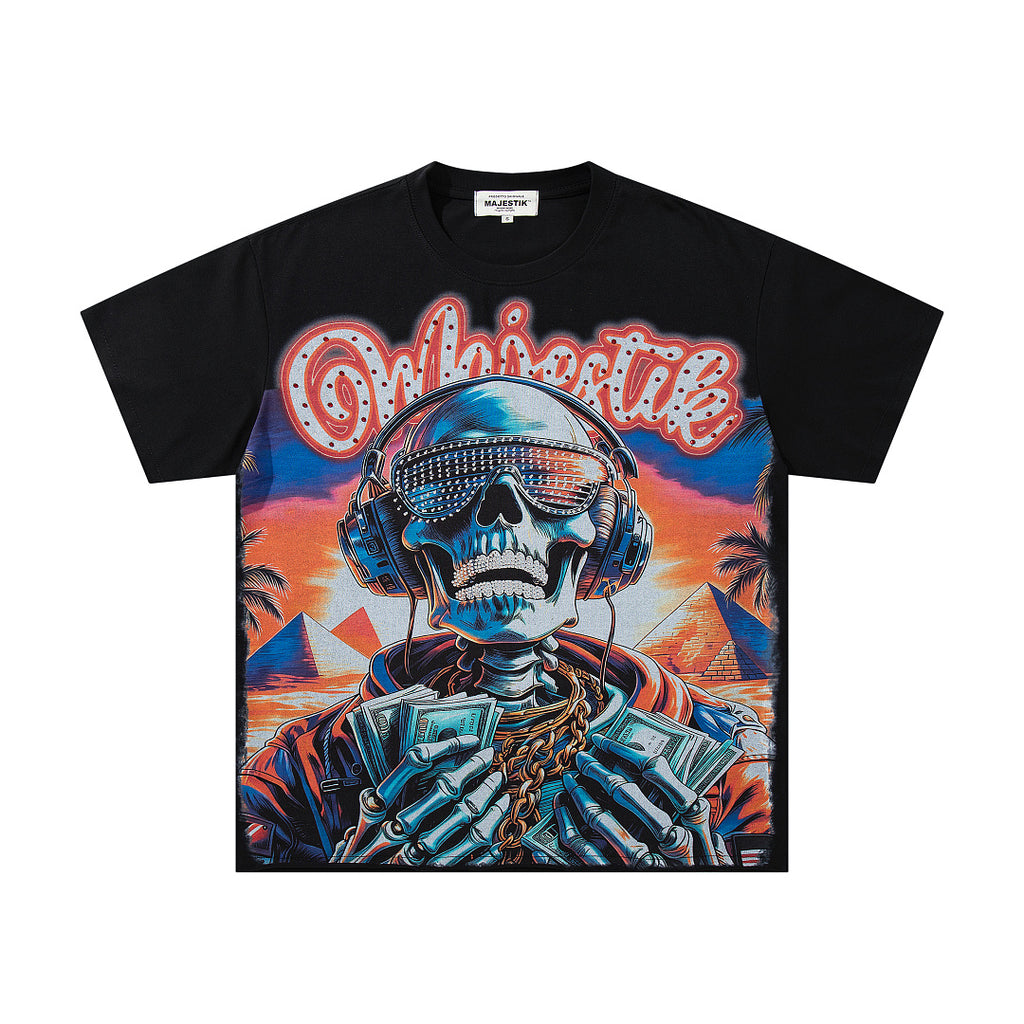 MAJESTIK Cyber Skull Graphic T-Shirt Unisex Black Y2K Gothic Tropical Sunset Oversized Streetwear Short Sleeve Top