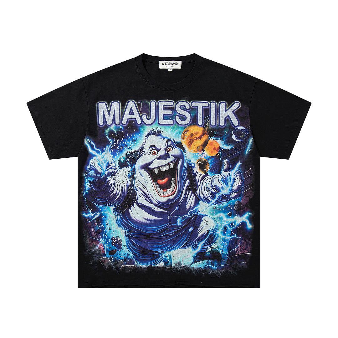 MAJESTIK Electric Ghost Graphic T-Shirt Unisex Black Y2K Cyber Gothic Lightning Oversized Streetwear Short Sleeve Top
