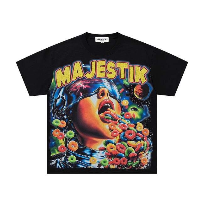 MAJESTIK Psychedelic Cereal Graphic T-Shirt Unisex Black Y2K Pop Art Vintage Oversized Streetwear Short Sleeve Top Main Image