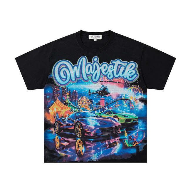 MAJESTIK Cyber Sports Car Graphic T-Shirt Unisex Black Y2K Street Racing Neon Oversized Streetwear Short Sleeve Top Main Image