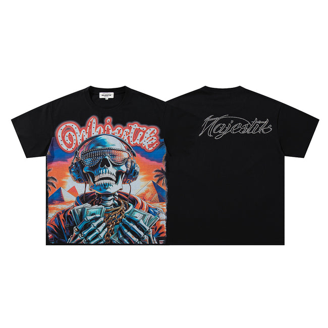 MAJESTIK Cyber Skull Graphic T-Shirt Unisex Black Y2K Gothic Tropical Sunset Oversized Streetwear Short Sleeve Top Hover Image