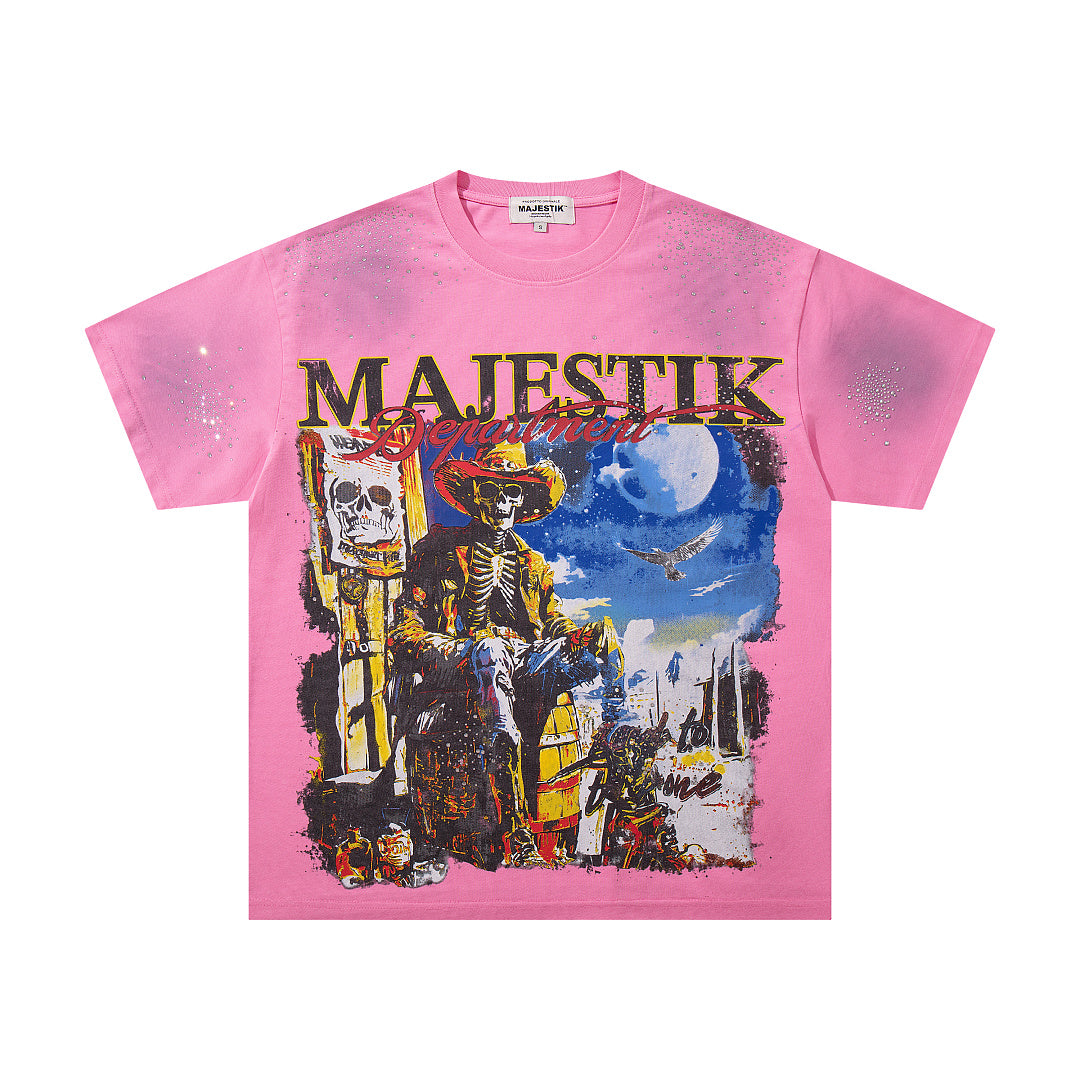MAJESTIK Distressed Pink Cowboy Graphic T-Shirt Unisex Acid Wash Sun-Faded Western Gothic Oversized Streetwear Short Sleeve Top