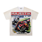 MAJESTIK Superbike Racing Graphic T-Shirt Unisex Washed Cream Y2K Biker Sports Dual-Sided Heavyweight Oversized Streetwear Short Sleeve Top