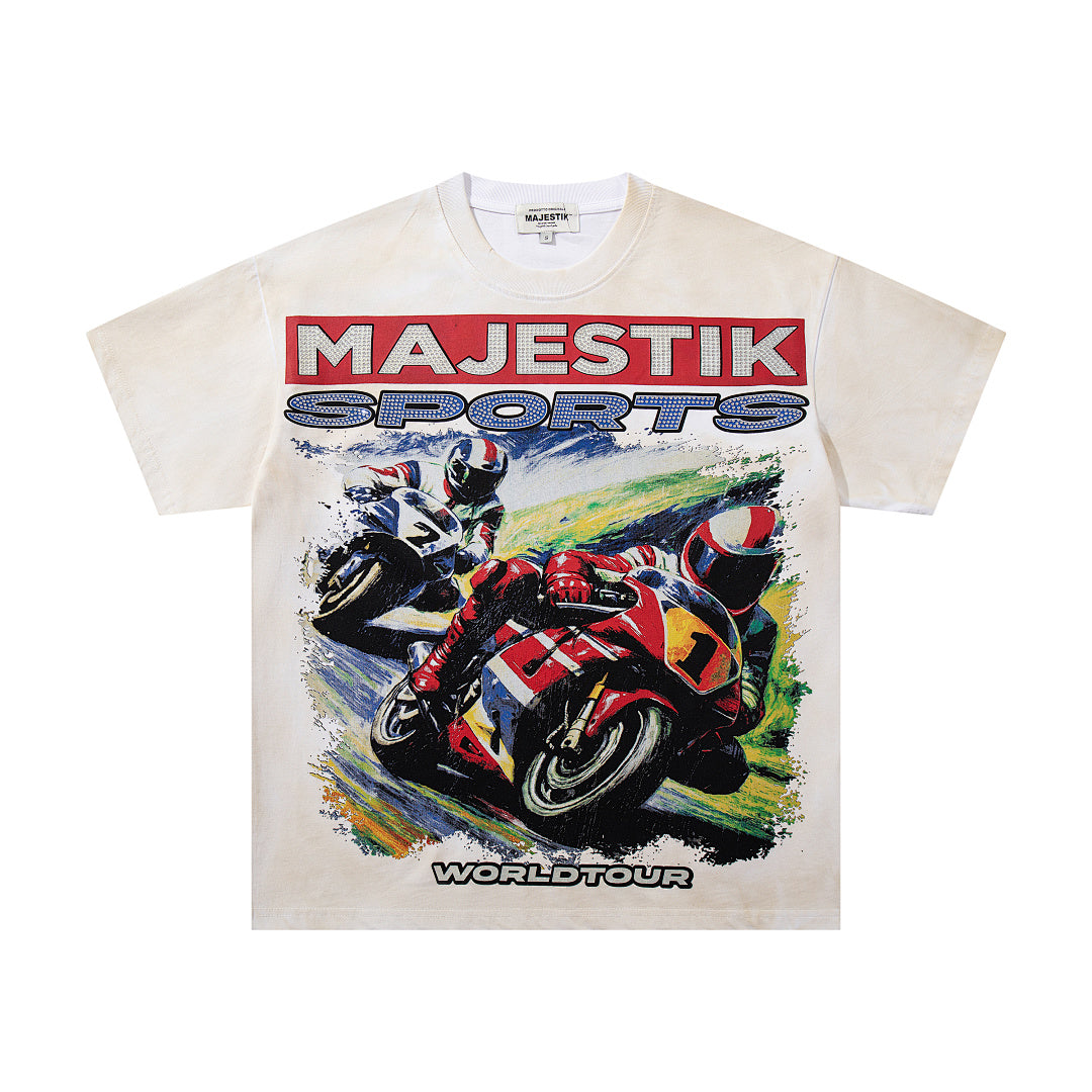 MAJESTIK Superbike Racing Graphic T-Shirt Unisex Washed Cream Y2K Biker Sports Dual-Sided Heavyweight Oversized Streetwear Short Sleeve Top