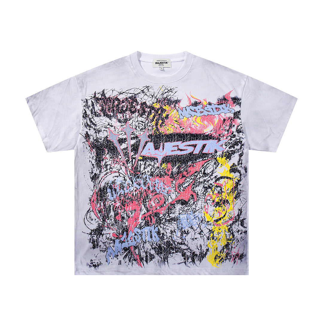 MAJESTIK All-Over Print Abstract Graffiti T-Shirt Unisex Light Grey Y2K Cyber Punk Fearless Oversized Streetwear Short Sleeve Top