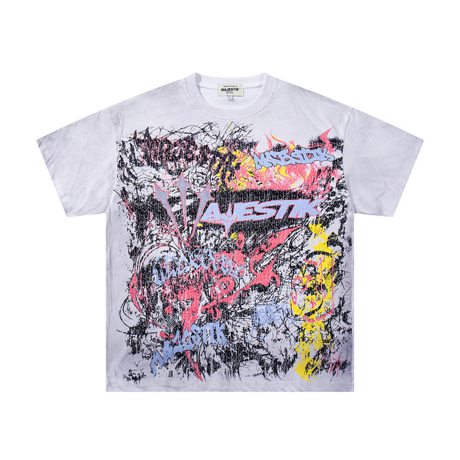 MAJESTIK All-Over Print Abstract Graffiti T-Shirt Unisex Light Grey Y2K Cyber Punk Fearless Oversized Streetwear Short Sleeve Top Main Image