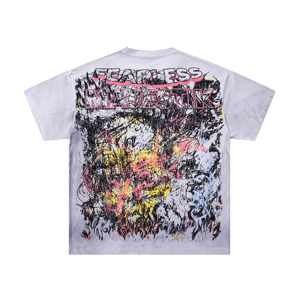 MAJESTIK All-Over Print Abstract Graffiti T-Shirt Unisex Light Grey Y2K Cyber Punk Fearless Oversized Streetwear Short Sleeve Top