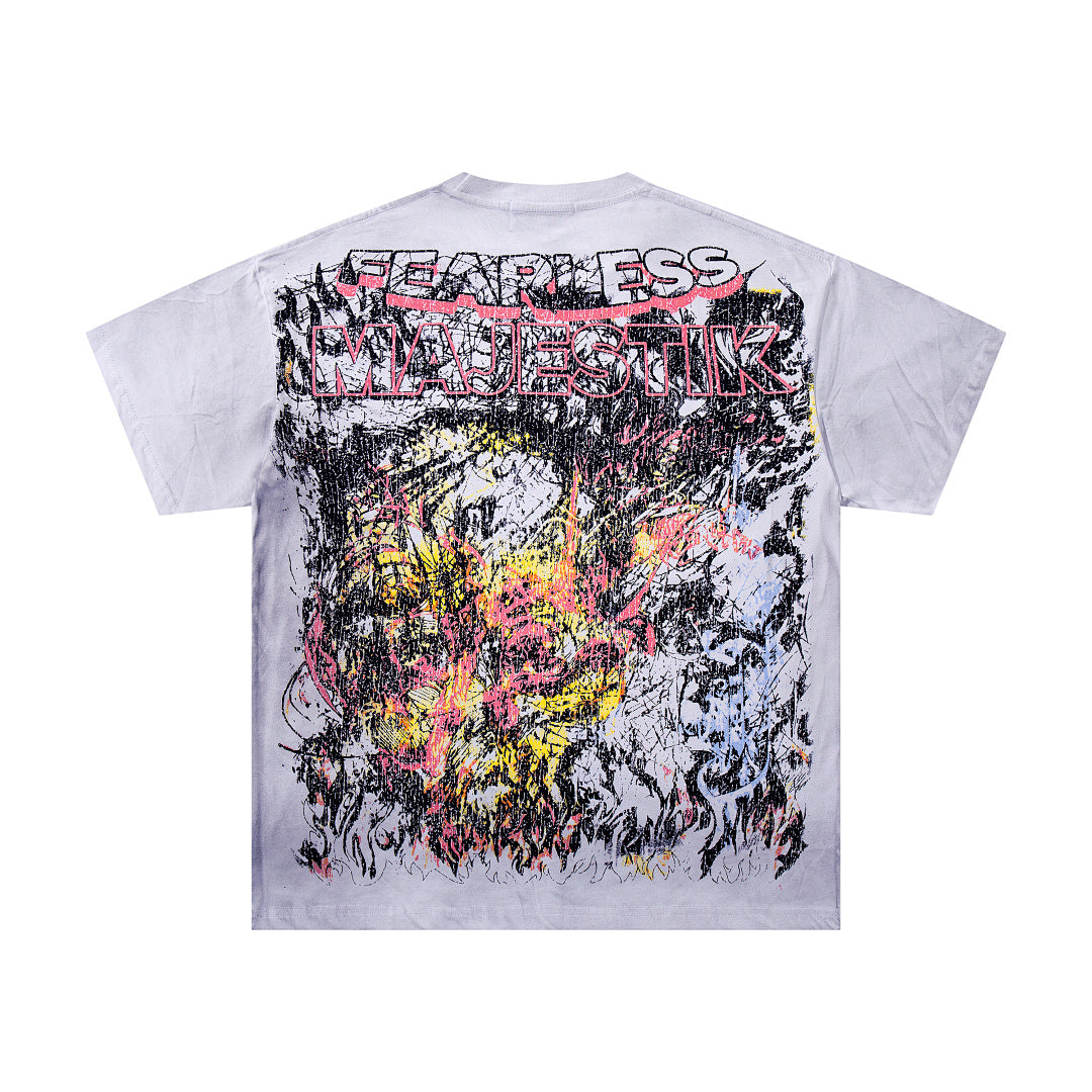 MAJESTIK All-Over Print Abstract Graffiti T-Shirt Unisex Light Grey Y2K Cyber Punk Fearless Oversized Streetwear Short Sleeve Top