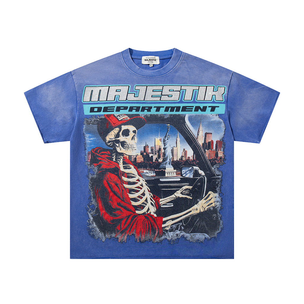 MAJESTIK Skeleton Driver Graphic T-Shirt Unisex Acid Wash Blue Y2K Cyber Punk Dual-Sided Heavyweight Oversized Streetwear Short Sleeve Top