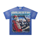 MAJESTIK Skeleton Driver Graphic T-Shirt Unisex Acid Wash Blue Y2K Cyber Punk Dual-Sided Heavyweight Oversized Streetwear Short Sleeve Top