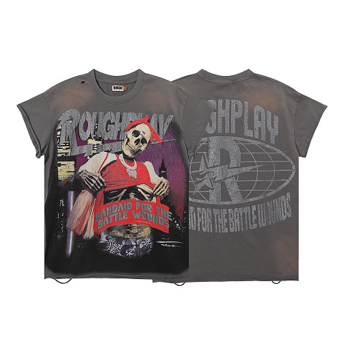 ROUGHPLAY Heavyweight Distressed Graphic Tee - Red Tank Skeleton & City Lights