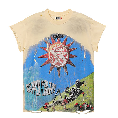 ROUGHPLAY Heavyweight Distressed Graphic Tee - Sun Emblem & Reclining Skeleton Hover Image