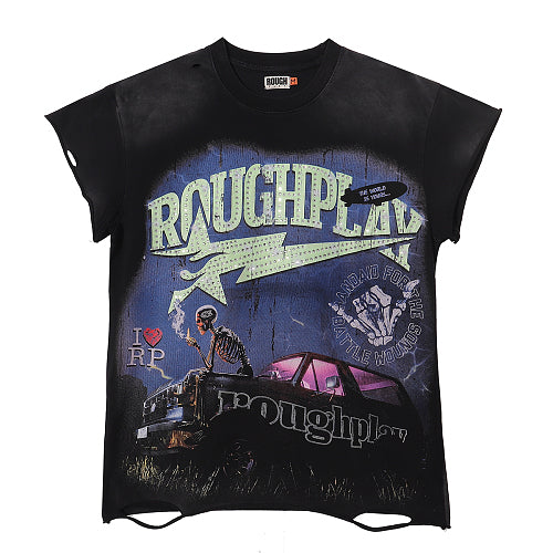 ROUGHPLAY Heavyweight Distressed Graphic Tee - Neon Bolt & Pink Classic Car Main Image