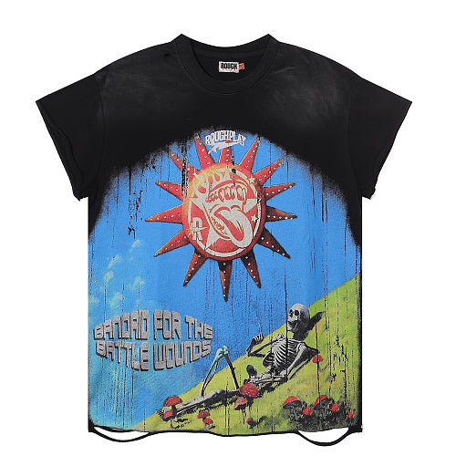 ROUGHPLAY Heavyweight Distressed Graphic Tee - Sun Emblem & Reclining Skeleton
