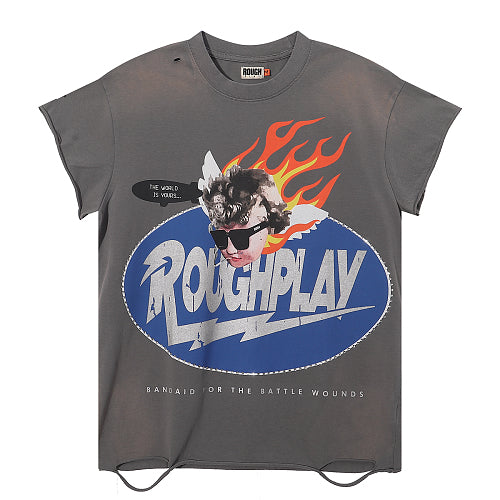 ROUGHPLAY Heavyweight Distressed Graphic Tee - Flame Oval Emblem