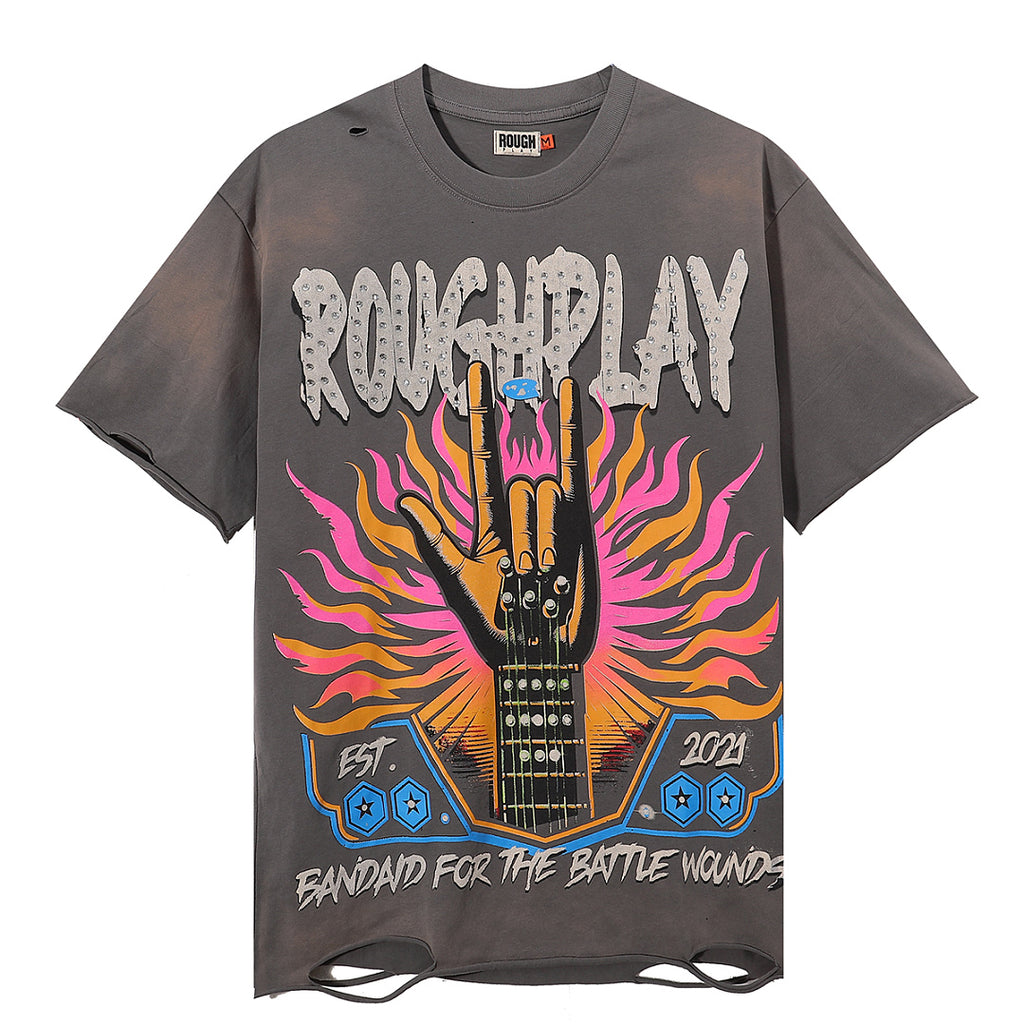 ROUGHPLAY Heavyweight Distressed Graphic Tee - Rock Hand Sign & Flaming Aura