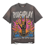 ROUGHPLAY Heavyweight Distressed Graphic Tee - Rock Hand Sign & Flaming Aura