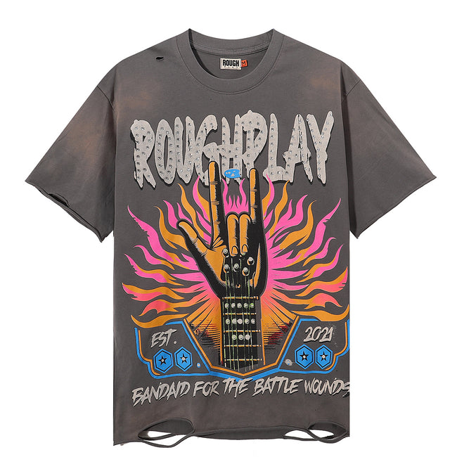 ROUGHPLAY Heavyweight Distressed Graphic Tee - Rock Hand Sign & Flaming Aura Hover Image