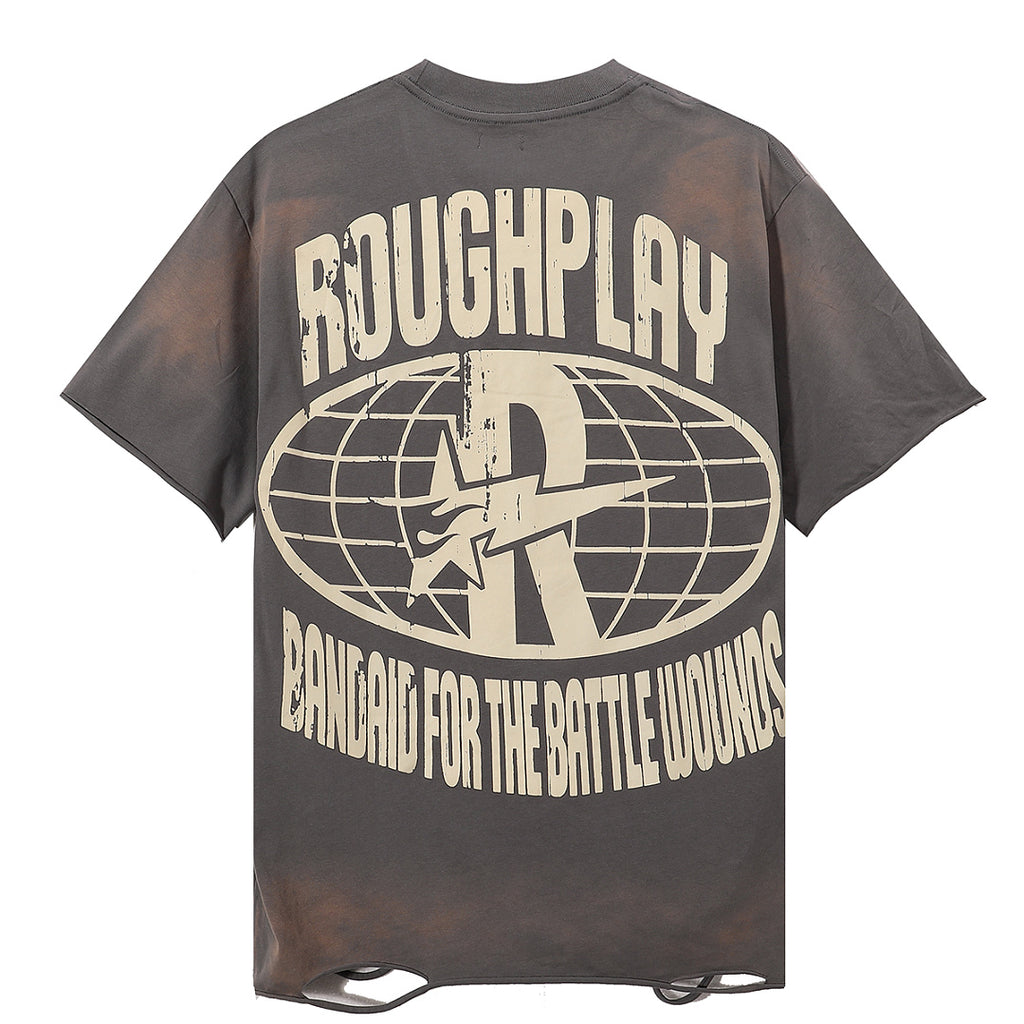 ROUGHPLAY Heavyweight Distressed Graphic Tee - Rock Hand Sign & Flaming Aura