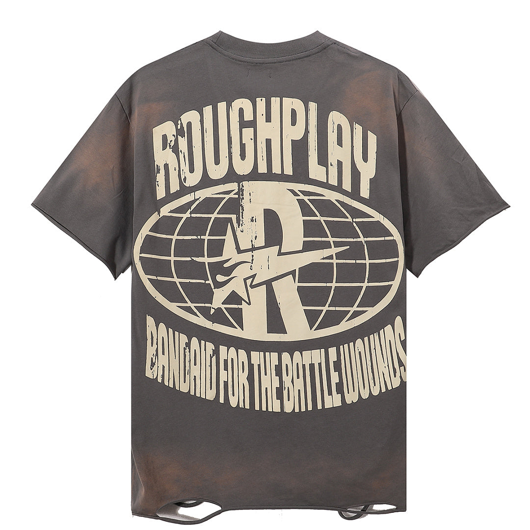 ROUGHPLAY Heavyweight Distressed Graphic Tee - Rock Hand Sign & Flaming Aura