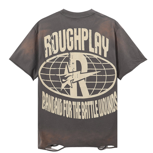 ROUGHPLAY Heavyweight Distressed Graphic Tee - Rock Hand Sign & Flaming Aura Main Image