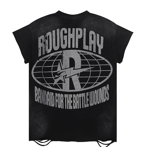 ROUGHPLAY Heavyweight Distressed Graphic Tee - Sun Emblem & Reclining Skeleton