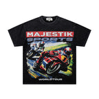 MAJESTIK Superbike Racing Graphic T-Shirt Unisex Acid Wash Black Y2K Biker Sports Dual-Sided Heavyweight Oversized Streetwear Short Sleeve Top