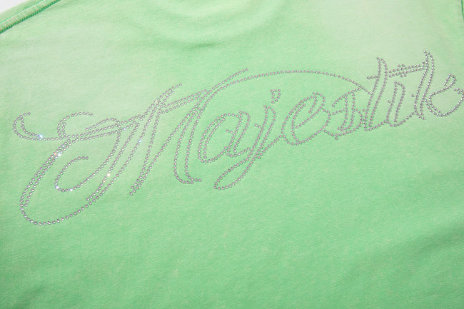 MAJESTIK Football Player & Guard Dog Graphic T-Shirt Unisex Light Green Y2K Vintage Washed Rhinestone Oversized Streetwear Short Sleeve Top Main Image