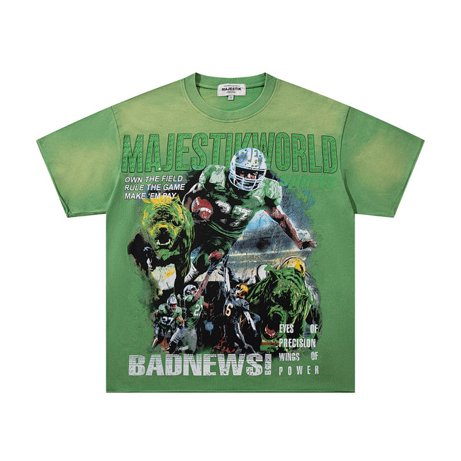 MAJESTIK No Mercy Football Graphic T-Shirt Unisex Acid Wash Green Y2K Sports Poster Oversized Streetwear Short Sleeve Top Main Image