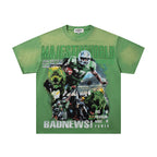 MAJESTIK No Mercy Football Graphic T-Shirt Unisex Acid Wash Green Y2K Sports Poster Oversized Streetwear Short Sleeve Top