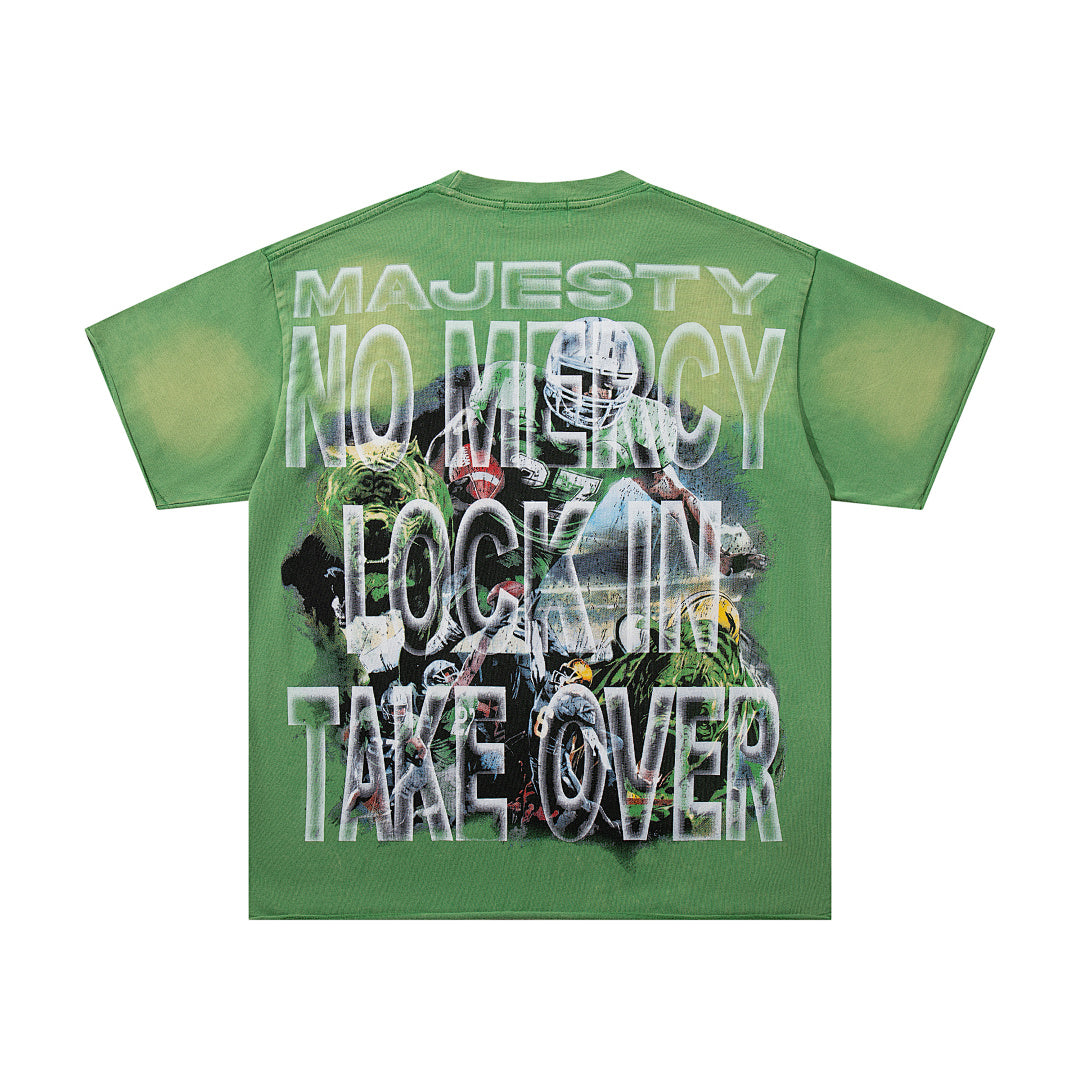 MAJESTIK No Mercy Football Graphic T-Shirt Unisex Acid Wash Green Y2K Sports Poster Oversized Streetwear Short Sleeve Top