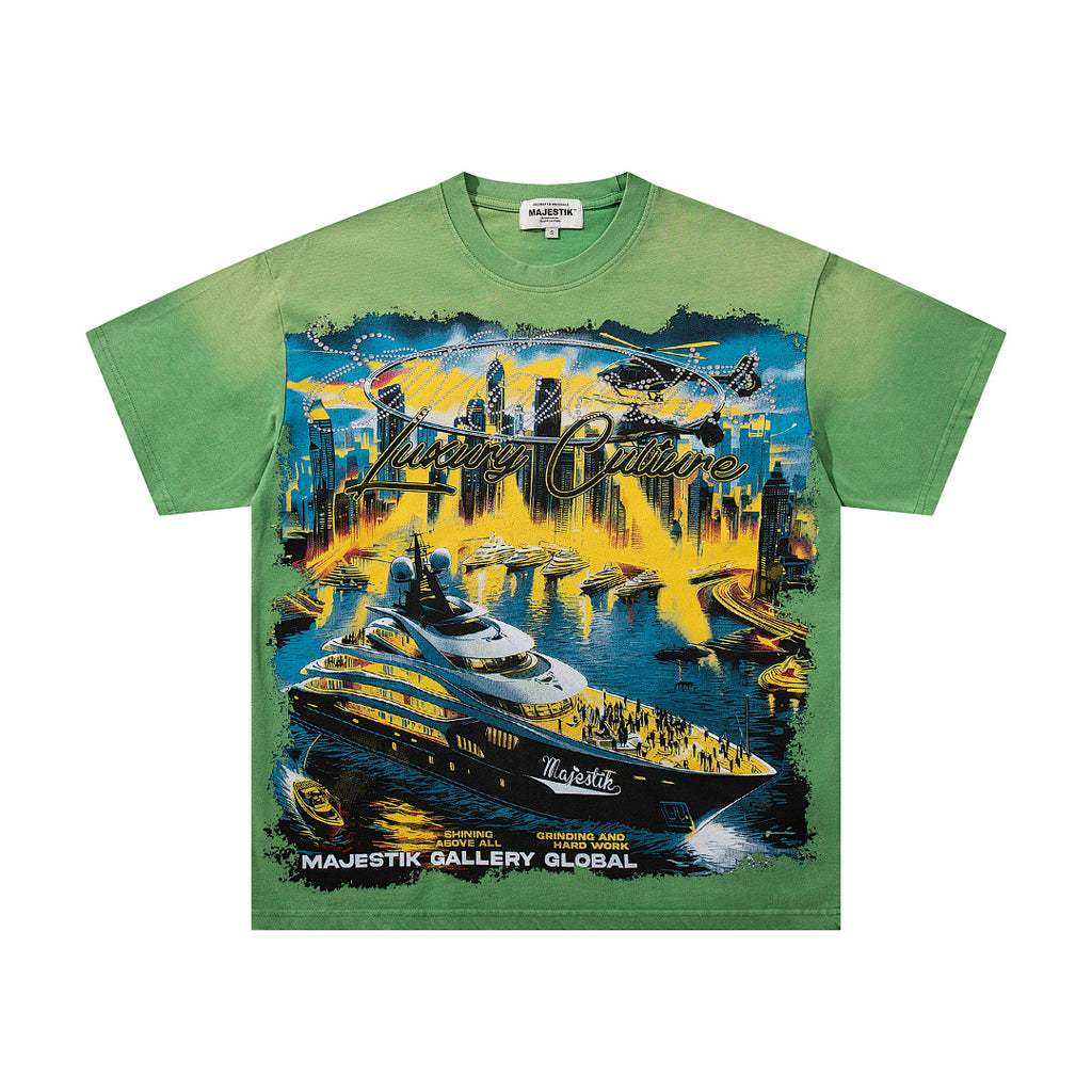 MAJESTIK Cyber Yacht World Tour Graphic T-Shirt Unisex Acid Wash Green Y2K Futuristic Skyline Oversized Streetwear Short Sleeve Top