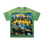 MAJESTIK Cyber Yacht World Tour Graphic T-Shirt Unisex Acid Wash Green Y2K Futuristic Skyline Oversized Streetwear Short Sleeve Top